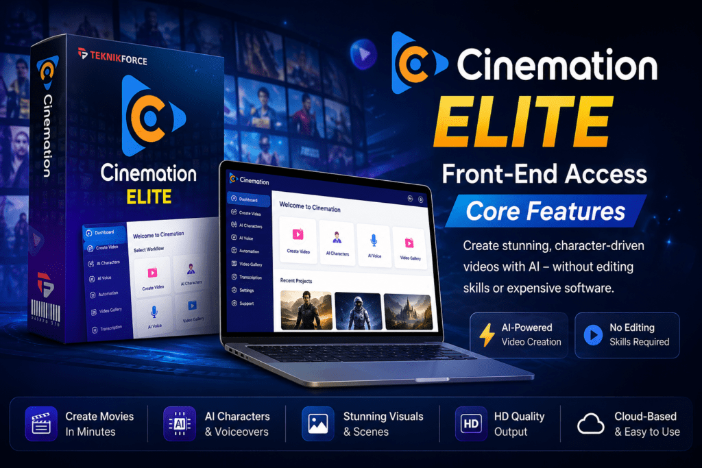 Cinemation Elite AI video creator dashboard with laptop display and product box showing front-end access and core features for creating videos without editing skills
