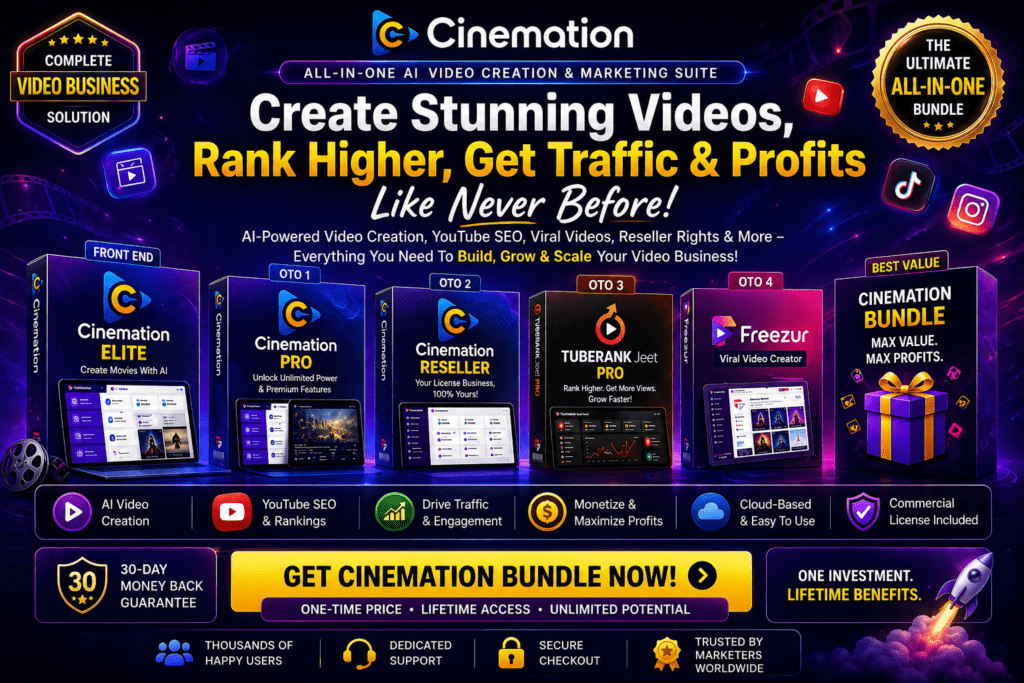 Cinemation OTO full funnel showing Elite, Pro, Reseller, TuberankJeet and Freezur upgrades with bundle offer for AI video creation traffic growth and monetization