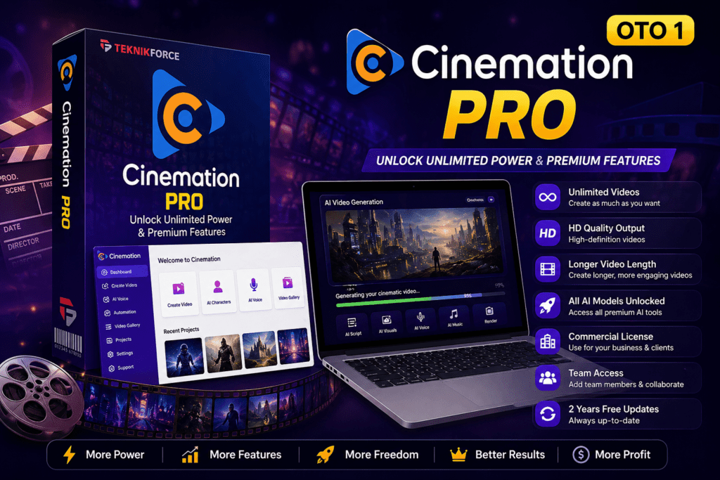 Cinemation Pro AI video creator with product box and laptop showing unlimited videos HD quality and advanced features for content creators and marketers