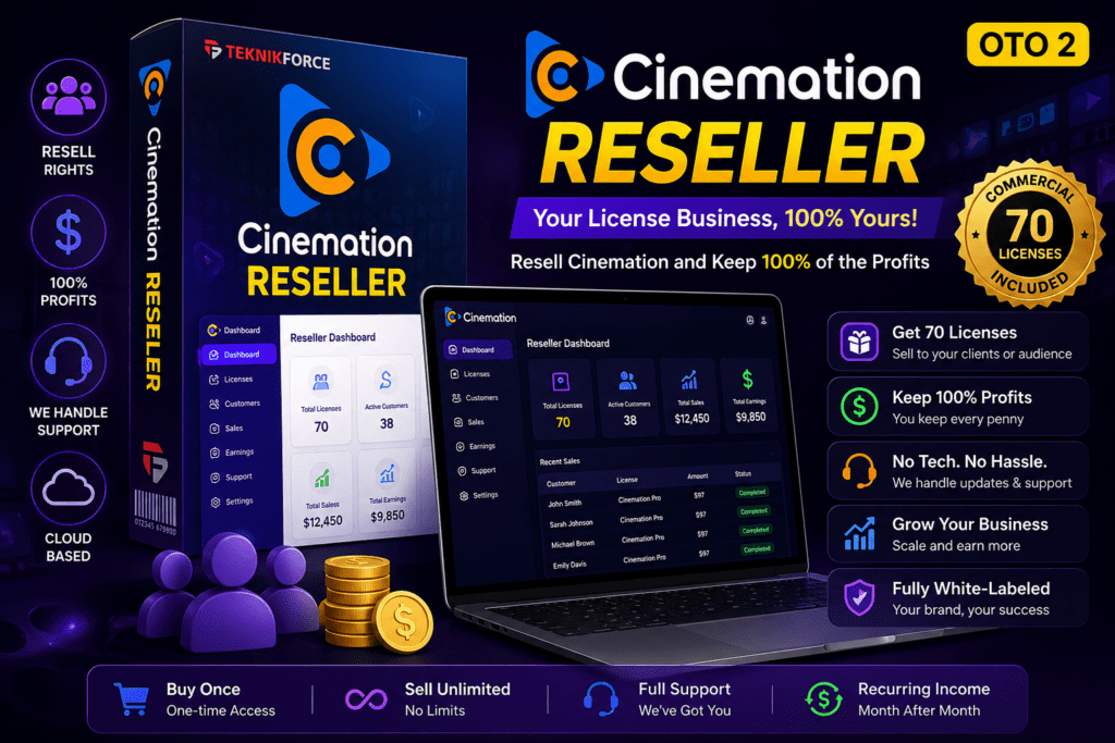 Cinemation Reseller OTO2 dashboard with laptop and product box showing 70 licenses and 100 percent profit AI software business opportunity