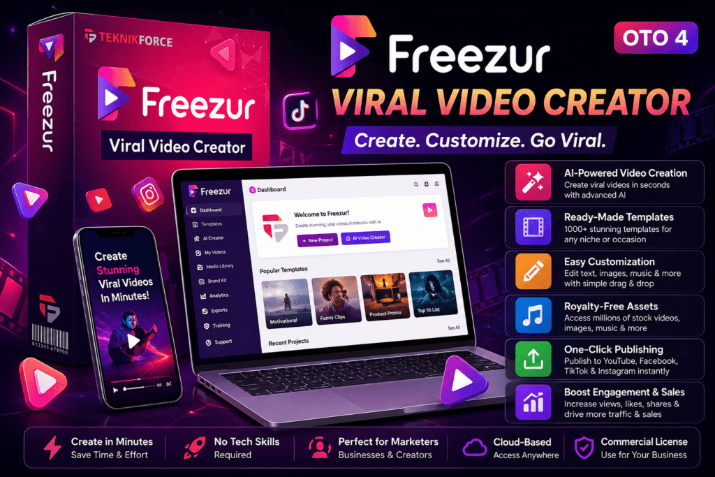 Freezur Pro AI viral video creator with laptop dashboard and product box showing automated video creation for TikTok Instagram Reels and YouTube growth