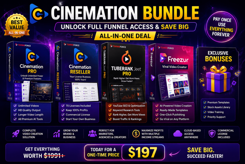 Cinemation bundle showing Elite Pro Reseller TuberankJeet and Freezur tools with full funnel access all in one deal for AI video creation traffic and monetization