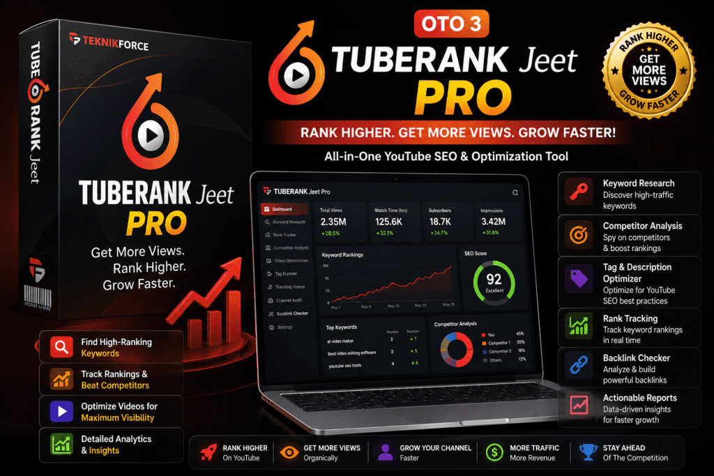 TuberankJeet Pro AI YouTube SEO tool displayed on laptop with dashboard showing keyword research rankings and optimization features for getting more views and traffic